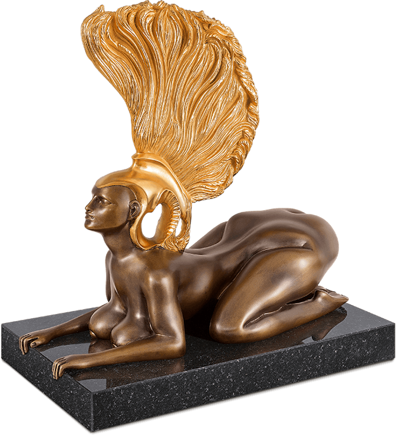 Bronzefigur Sphinx mit Goldhelm von Ernst Fuchs