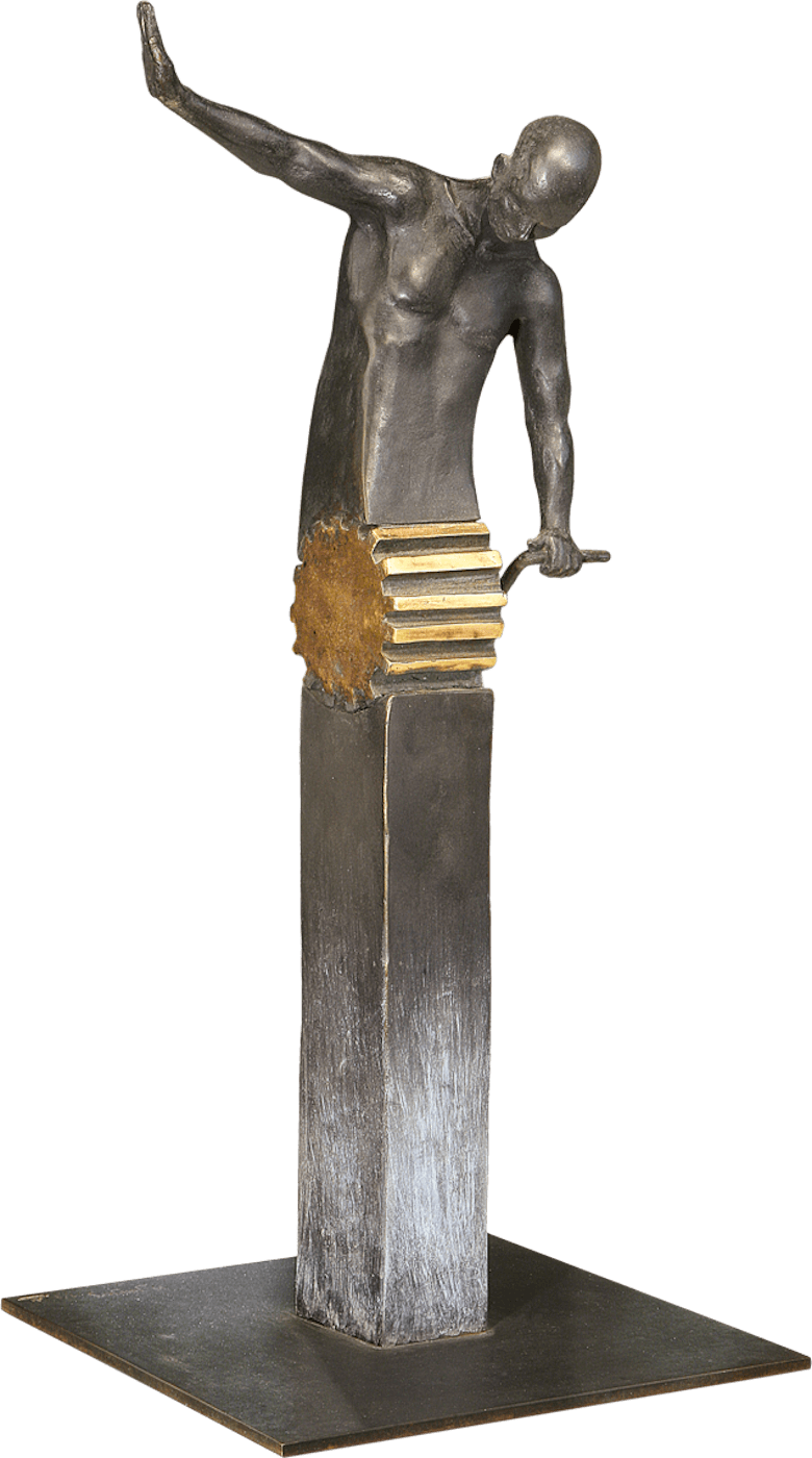 Bronzefigur Figur mit Zahnrad von Annie Jungers