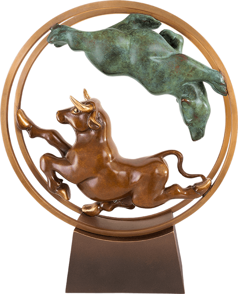 Bronzefigur Bulle & Bär im Rad von Jagna Weber