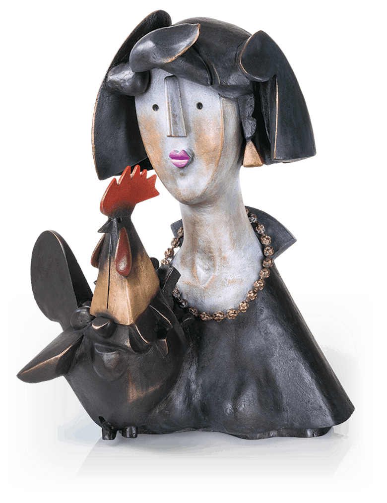 Bronzefigur Floo e il gallo von Rinaldo Bigi