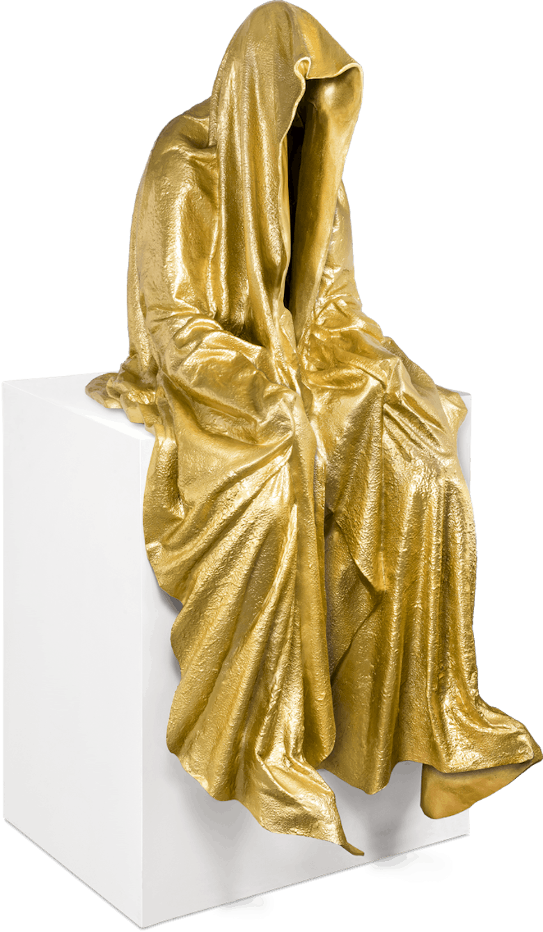 Bronzefigur Kantenhocker (golden) von Manfred Kielnhofer