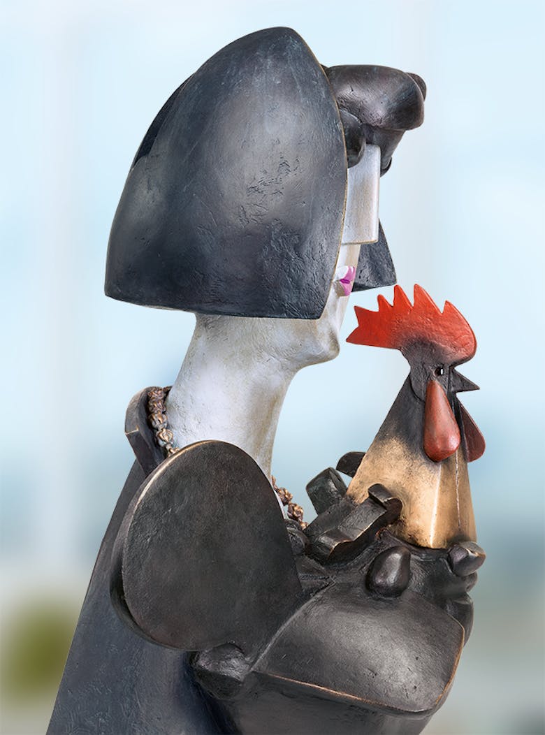 Bronzefigur Floo e il gallo von Rinaldo Bigi