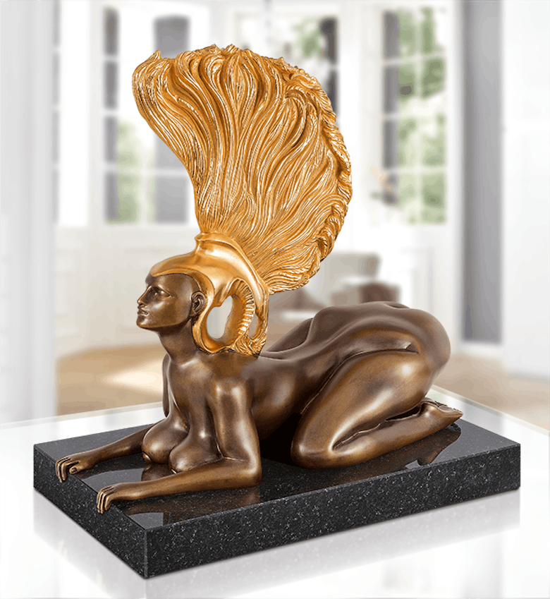 Bronzefigur Sphinx mit Goldhelm von Ernst Fuchs